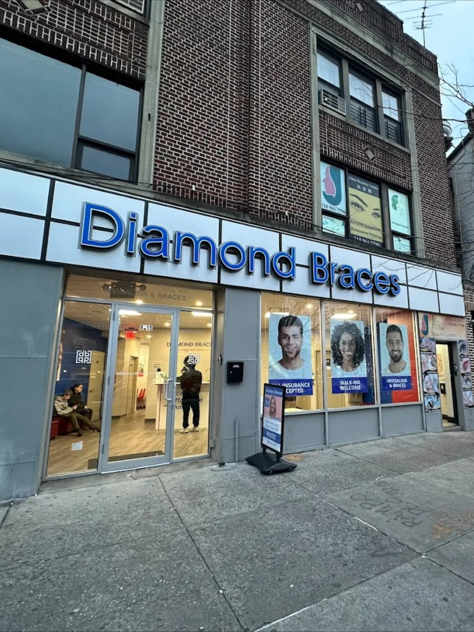 Diamond Braces dental office exterior with large glass windows and visible branding.