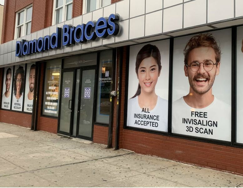 Diamond Braces dental clinic with promotional posters on the window in Clifton, New Jersey.