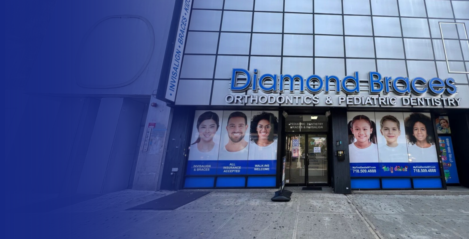 Diamond Braces orthodontics and pediatric dentistry building with large glass facade and digital display in Bensonhurst, Brooklyn.