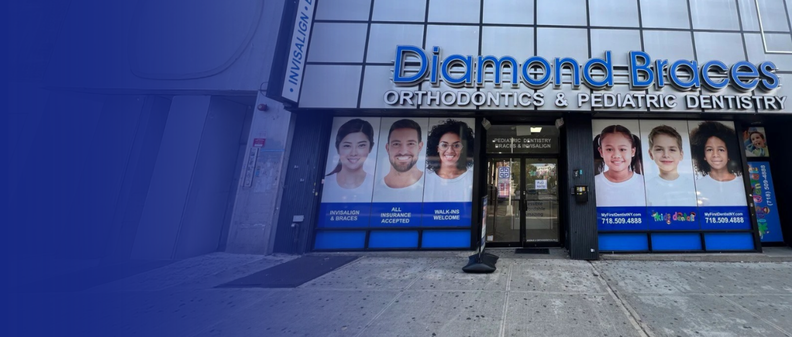 Diamond Braces orthodontics office and pediatric dentistry entrance with large display of faces on a blue background in NYC.