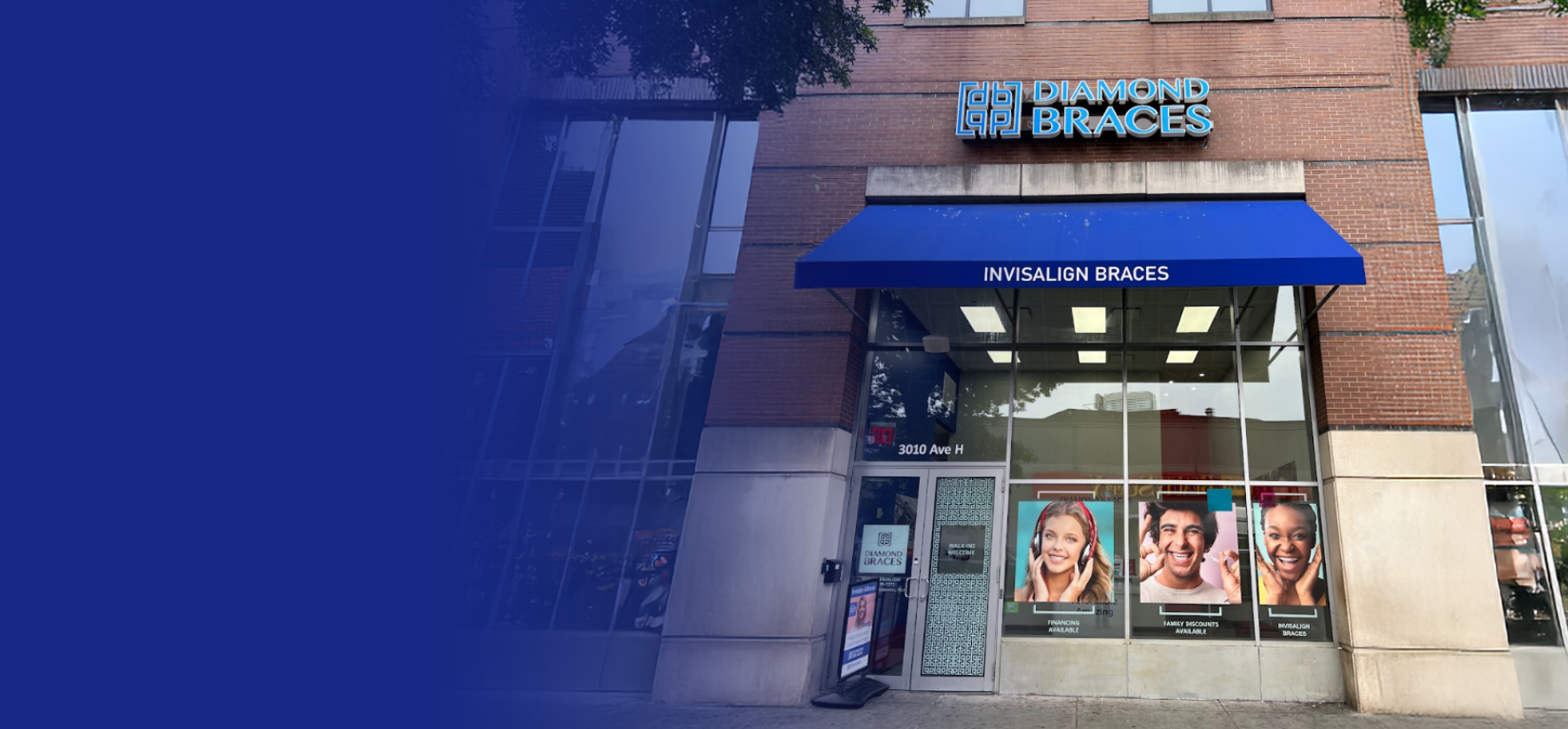 Invisalign braces dental services store front with blue awning and Diamond Braces branding.