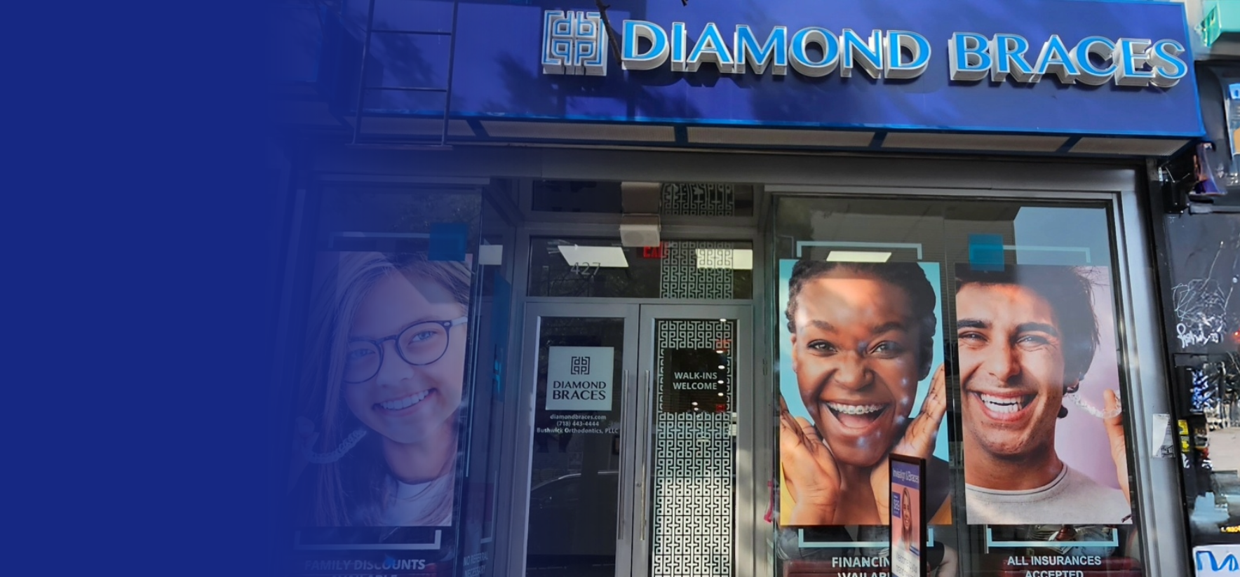 Exterior of Diamond Braces orthodontics offices with images of happy people with braces or Invisalign.