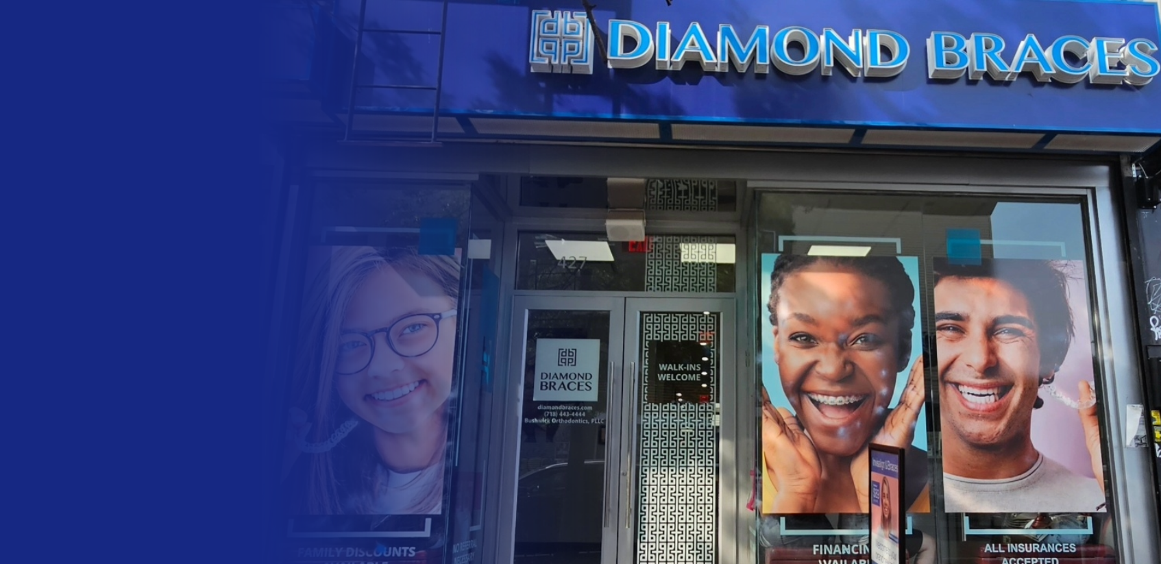 Diamond Braces store front with promotional posters of people wearing glasses, metal braces and smiling in Brooklyn, New York.