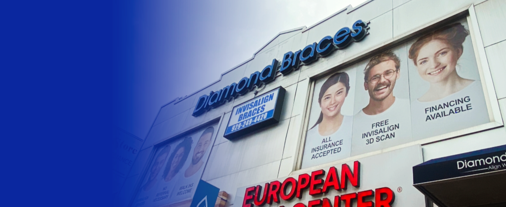 Diamond Braces store exterior with promotional signs and images of people with traditional metal braces.