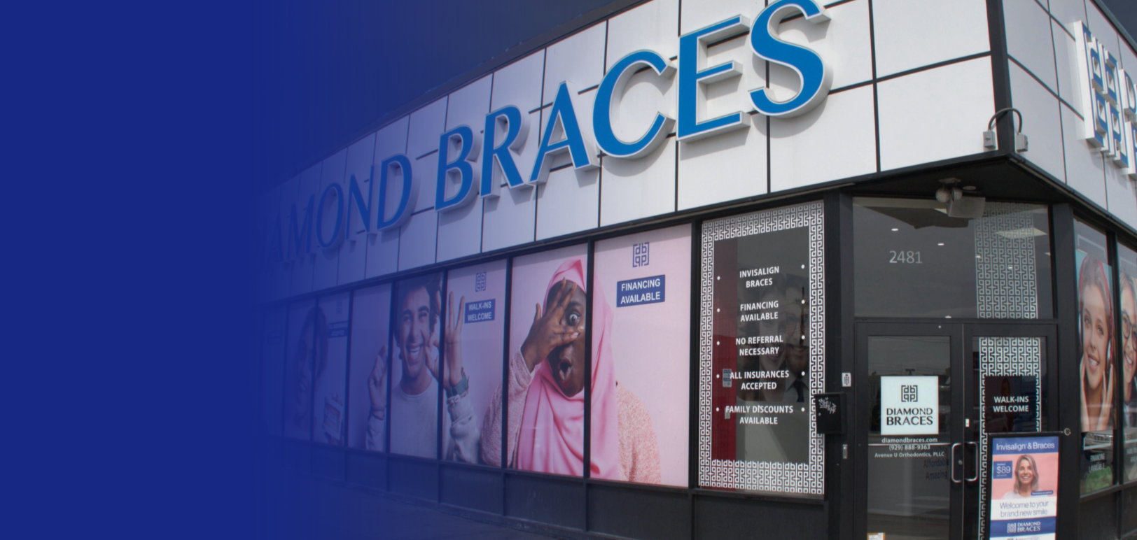 Diamond Braces dental office with promotional posters for Invisalign and ceramic braces on the windows in Brooklyn.
