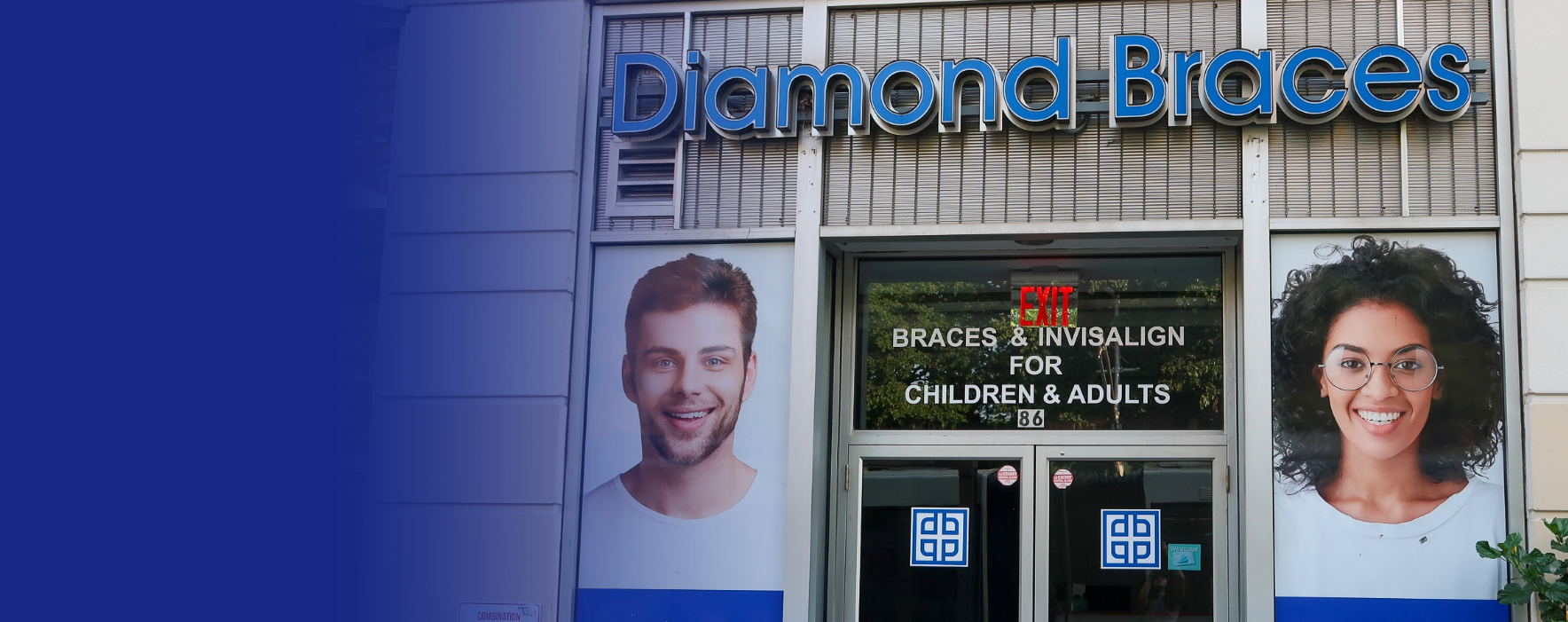 Diamond Braces dental clinic with promotional posters for braces and Invisalign clear aligners in Brooklyn.