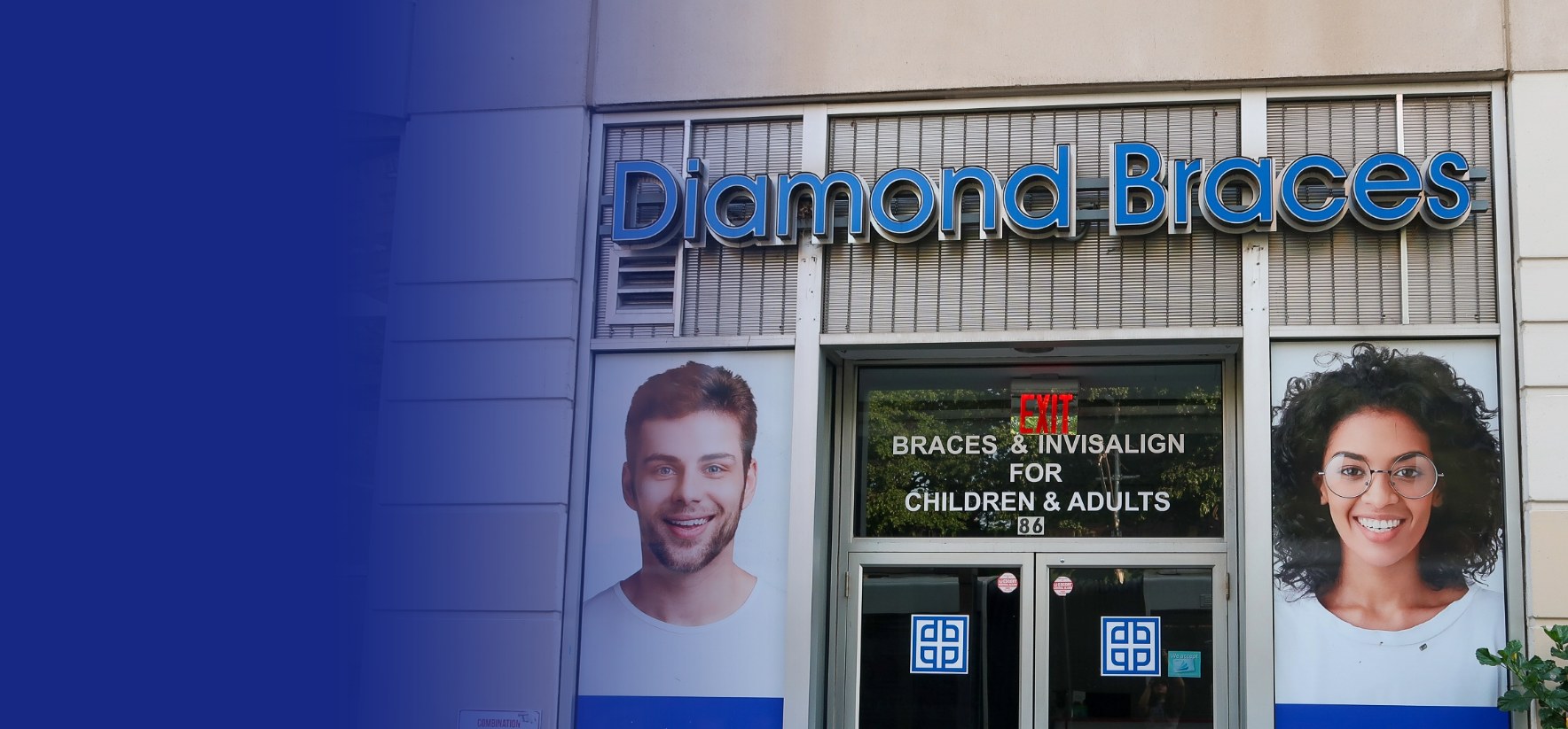 Diamond Braces dental office with promotional posters for braces and Invisalign on the windows in Brooklyn.