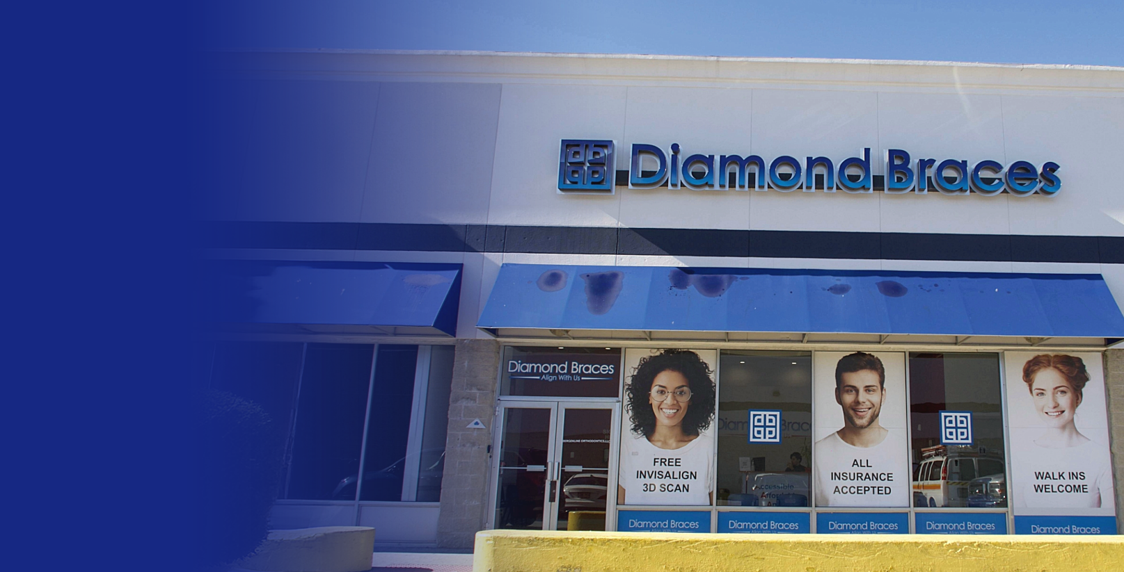 Diamond Braces dental office with blue awnings and promotional posters for ceramic braces for kids on a clear day.