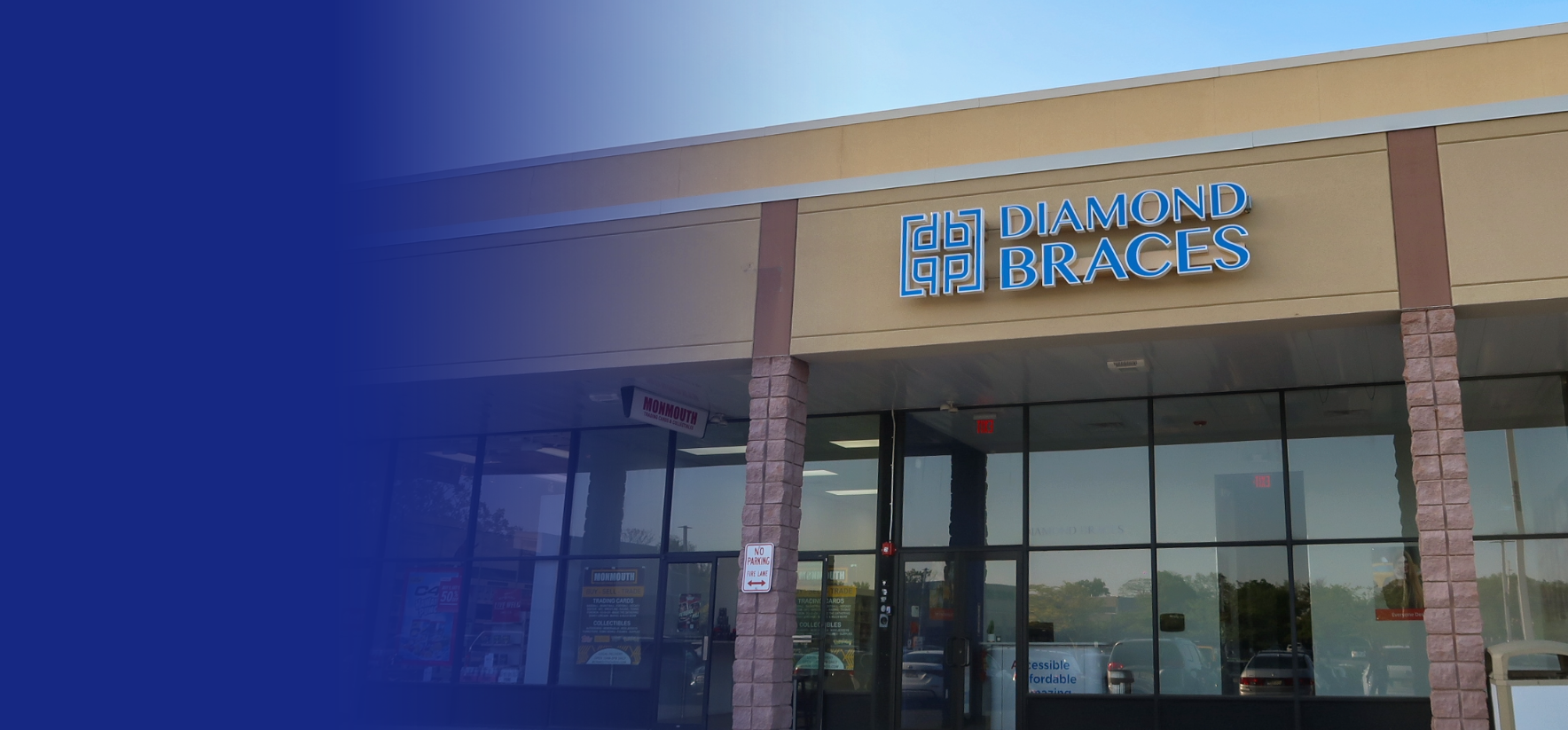 Diamond Braces dental office exterior with clear glass windows and a blue sky.