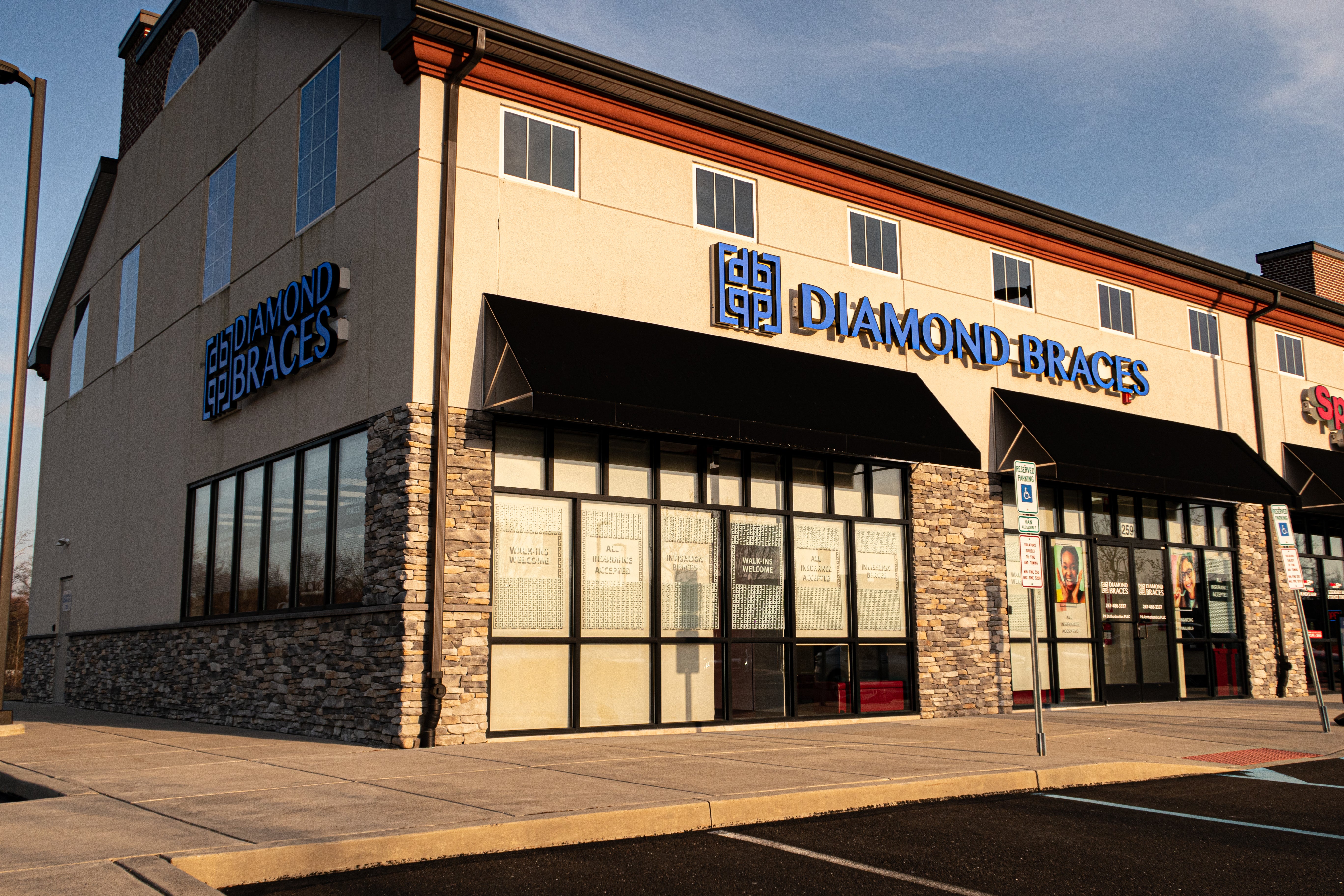 Diamond Braces dentist office building with blue signage in Warrington, PA.