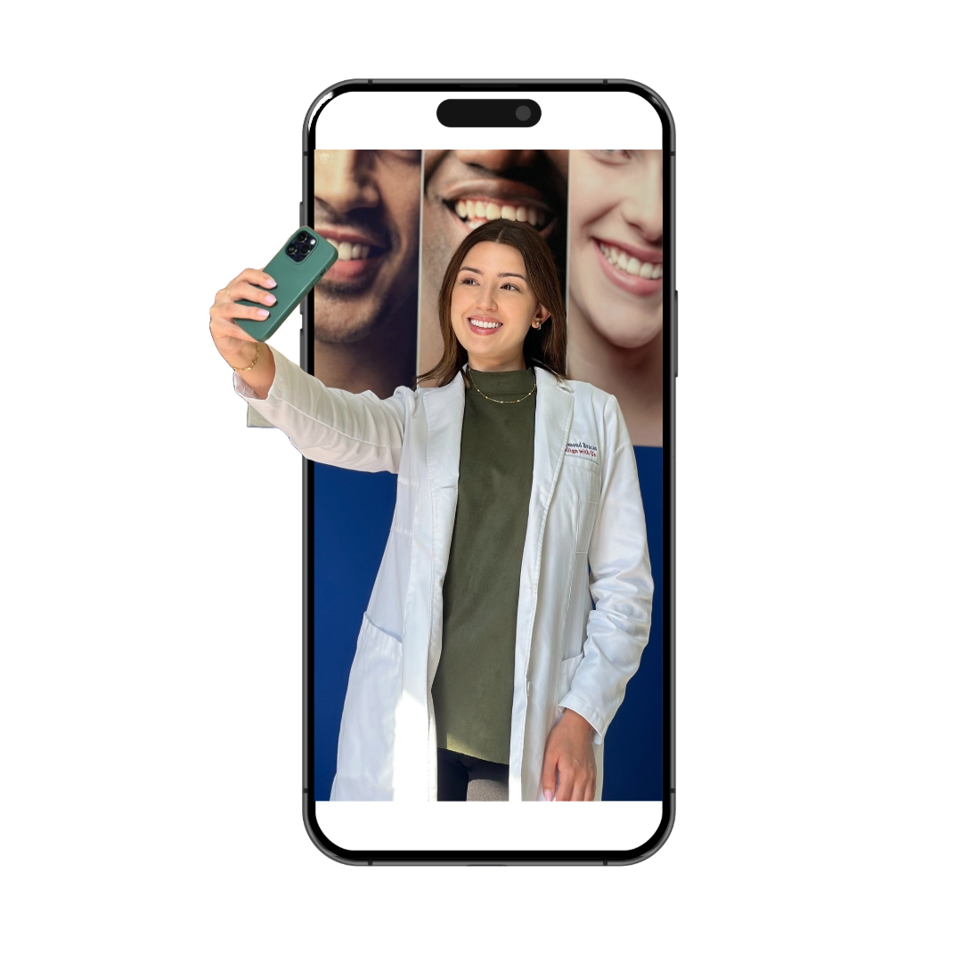 Phone case with a design of an orthodontist in a white coat holding a phone.