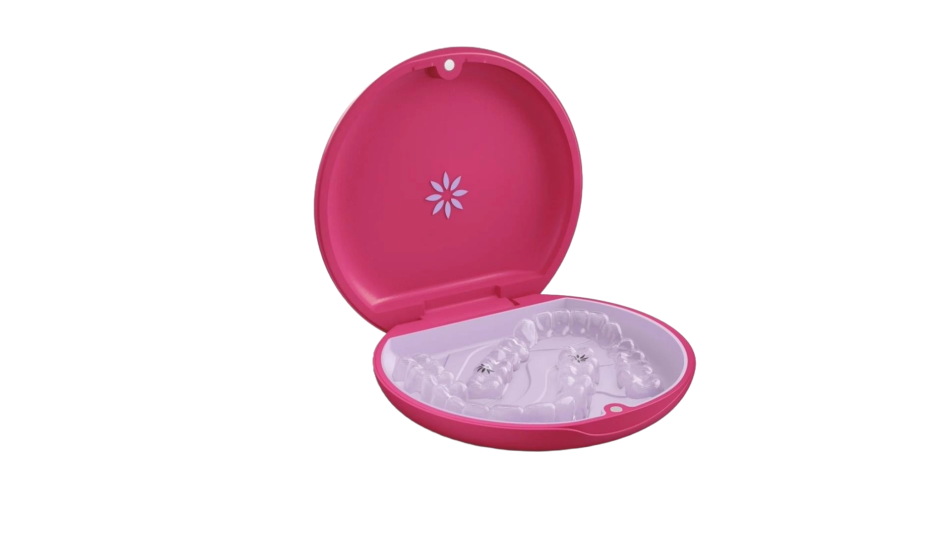 Teeth straightening kit in a pink case with a white interior containing clear aligners on a white background.