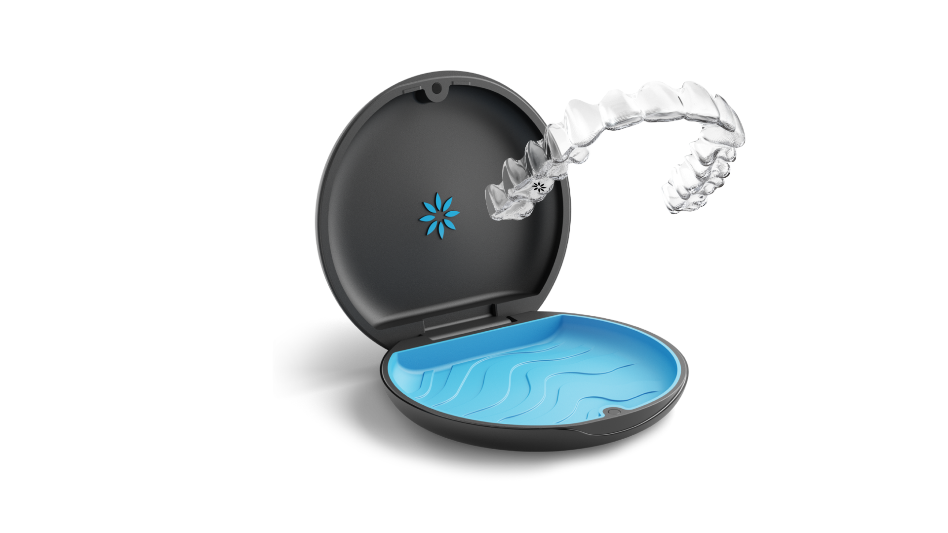 Invisible dental retainer in a black and blue case on a white background.