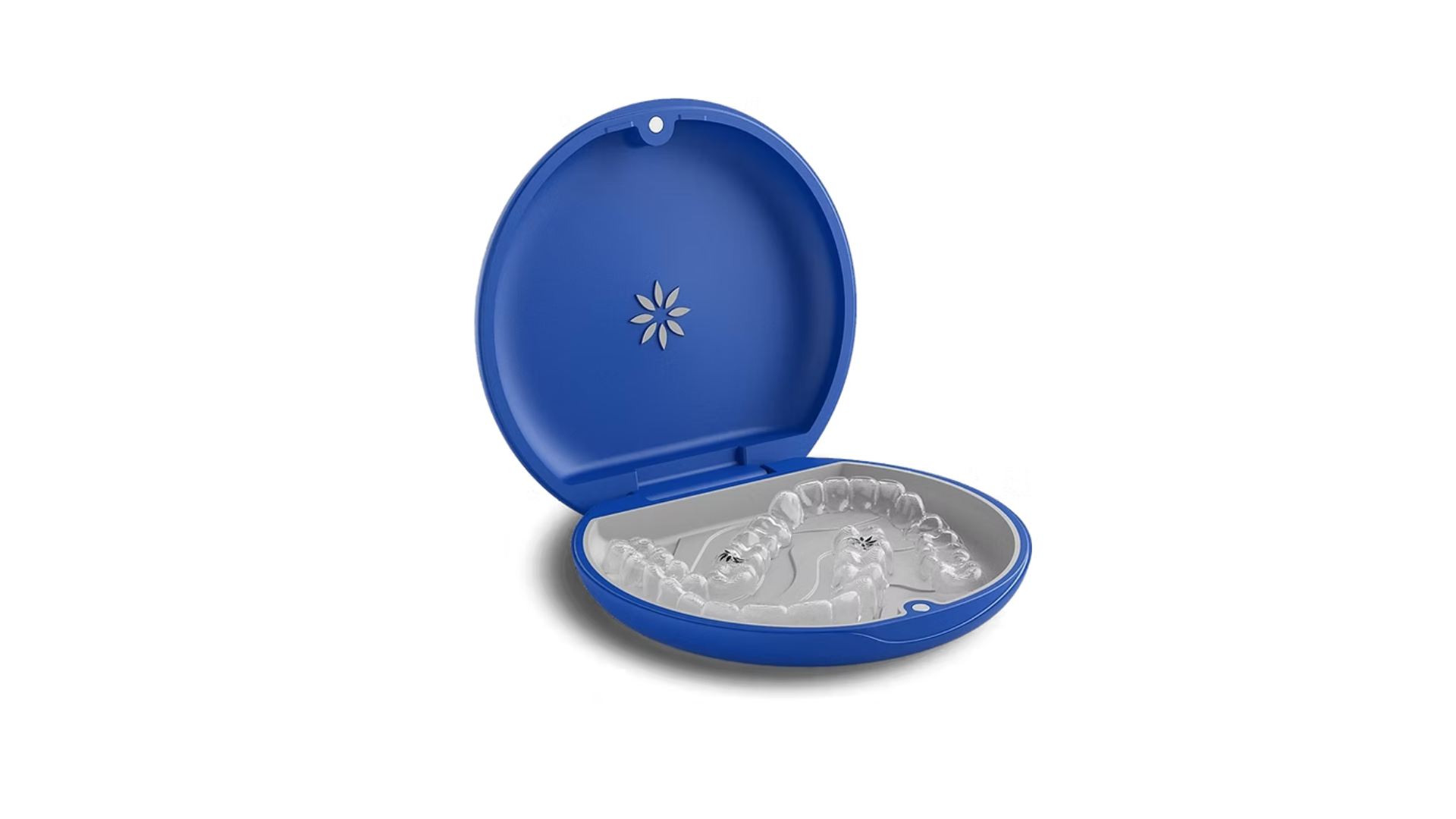 Invisalign teen case with clear dental retainers on a white background.