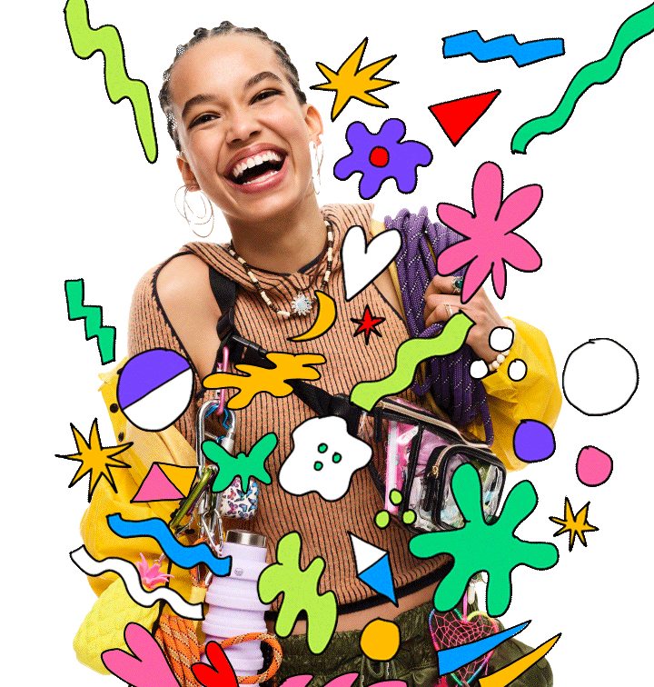 Transparent background gif that has a young woman smiling big with 2D colorful doodles wiggling around her.