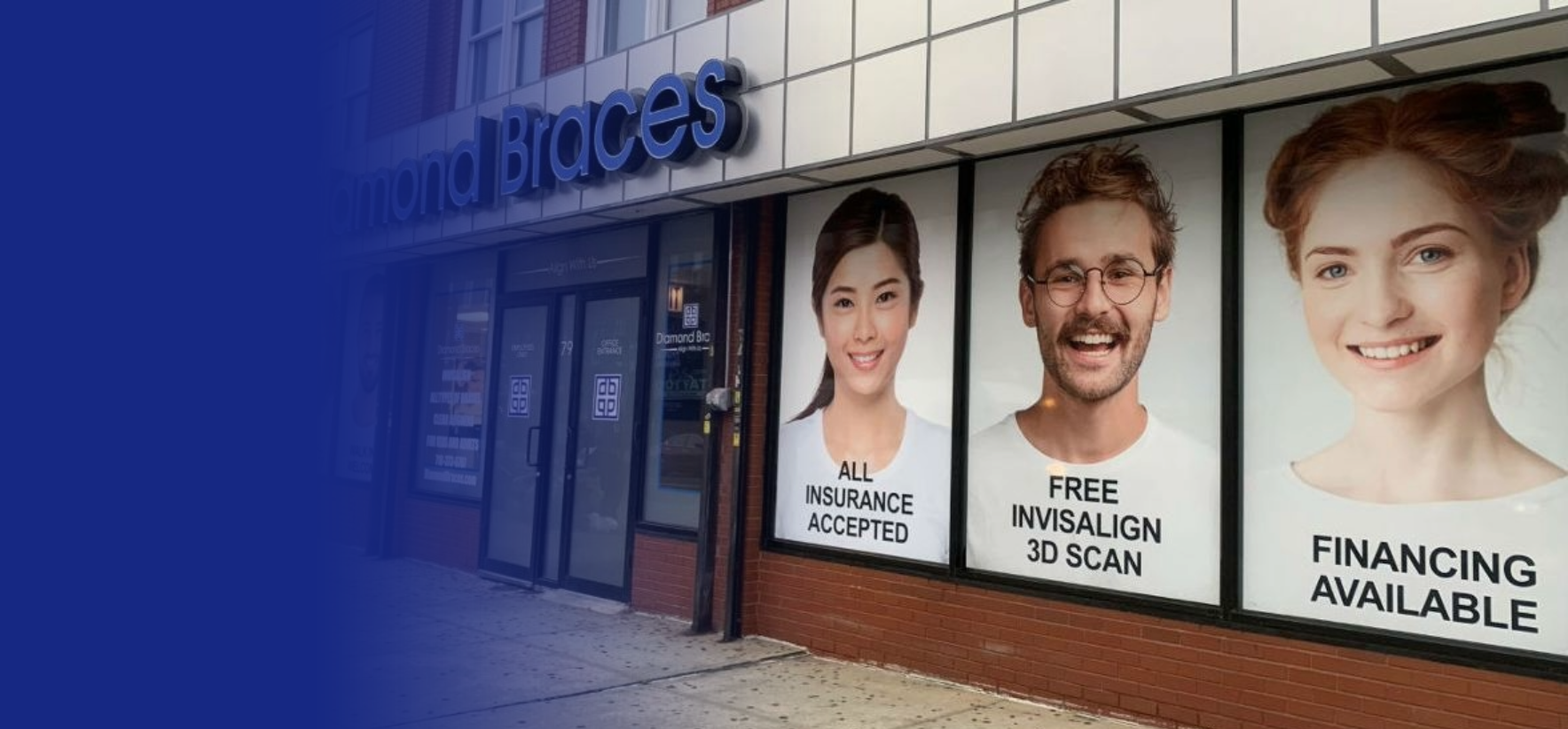 Dental clinic exterior with promotional posters for orthodontic services in Brooklyn, New York.