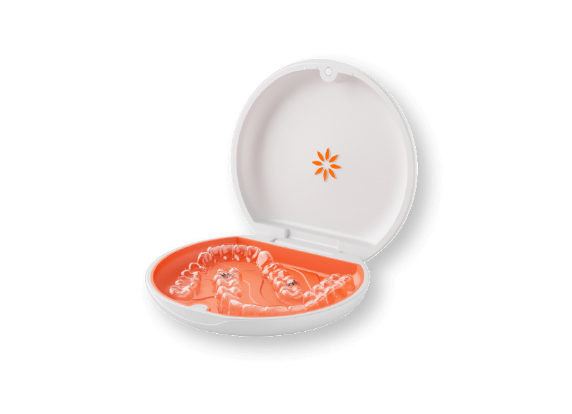 Photo of an open orange and white Invisalign case with clear braces inside.